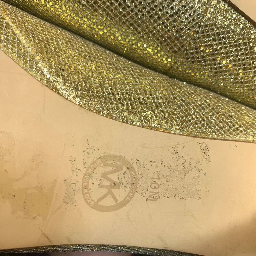 Michael Kors York Pump Open Toe Platform Glitter Silver Gold Size 10M Peep‎ Toe